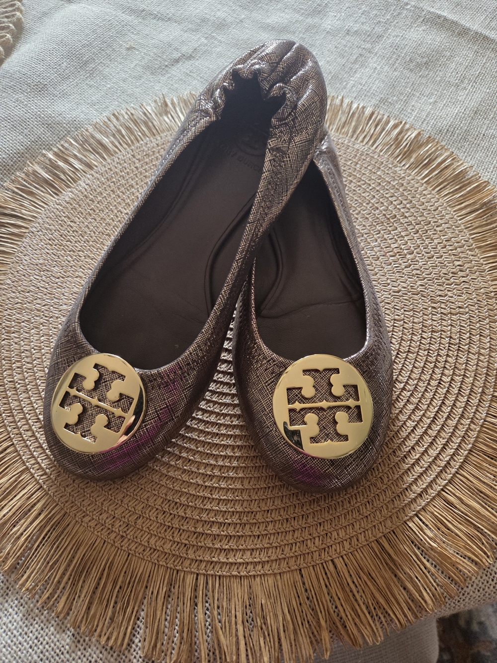 Tory Burch Metallic Gold Logo Ballet Flats